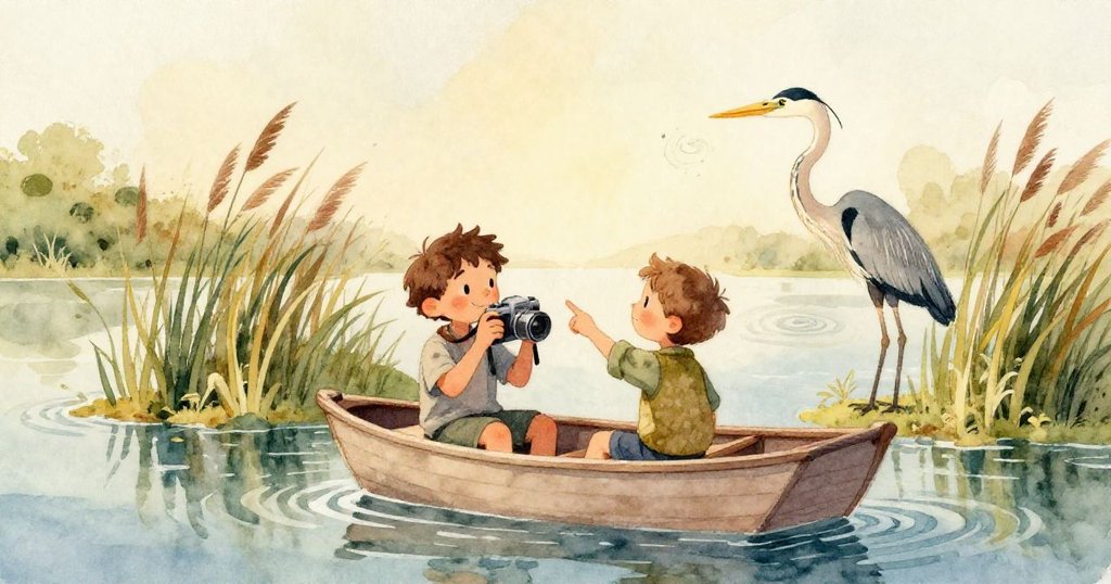 本握著相機，鏡頭反射晨光，細膩抓住水面紋理，充滿細節與期待，動作專注。