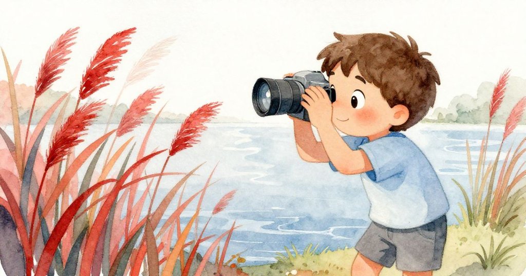 本透過相機觀景窗凝視搖曳蘆葦，臉上充滿專注與期待，背景柔和光線映照水邊，美好景致展開。