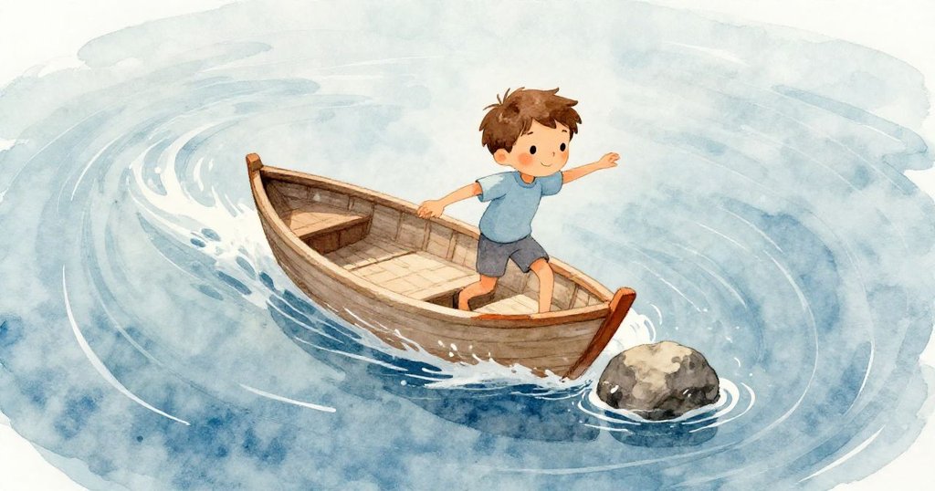 本在微風漩渦中迅速調整重心，站在船旁岩石上，水面起伏，動感場景中盡顯專注與應變。