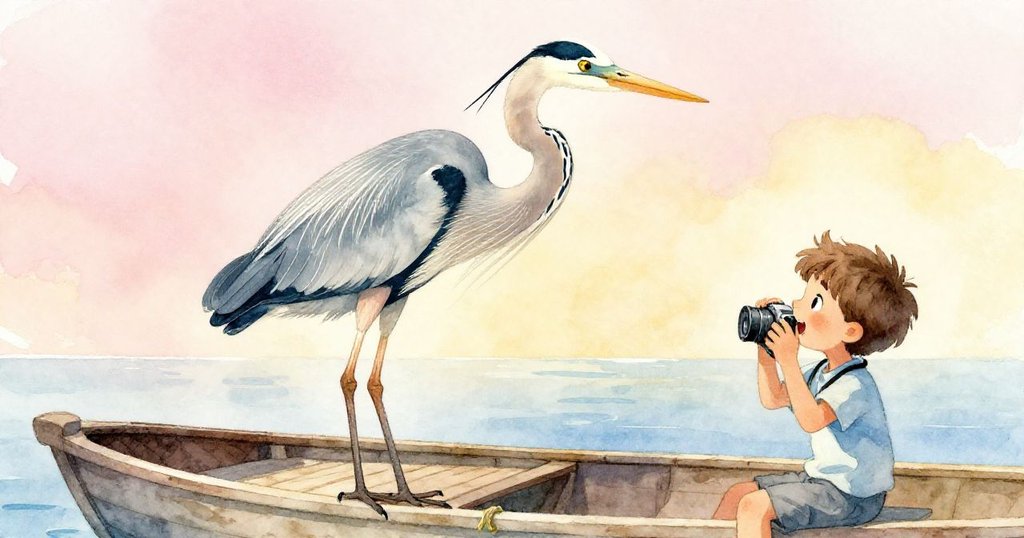 本與優雅白鷺相遇，白鷺輕盈降落船上，本驚奇注視並保持相機，溫馨互動令人感動。