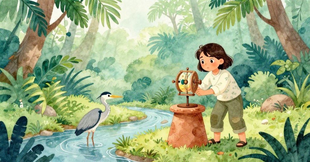 諾拉在濕潤雨林空地上搭建拍攝台，白鷺在溪水中觀望，展現忙碌與期待的早晨景象。