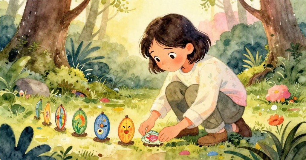 諾拉在雨林地面上仔細撿拾彩繪轉盤碎片，神情專注，展現修復作品的決心與溫暖細節。