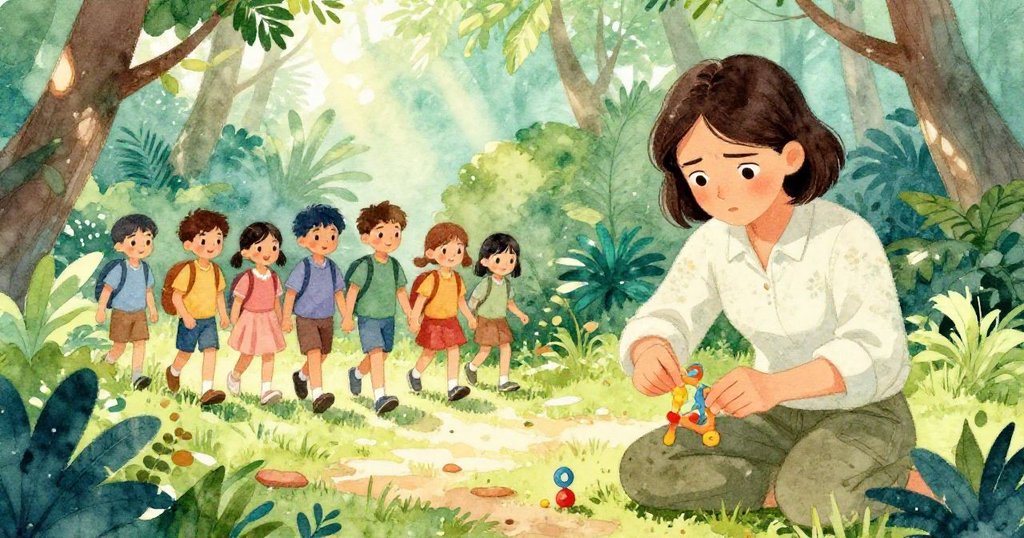 諾拉在雨林空地重組轉盤，背景中整齊行進的學生與觀察中的白鷺交織出豐富的層次與動感。