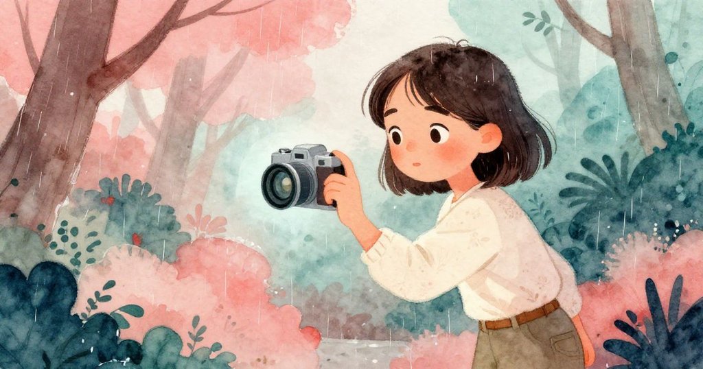 諾拉坐在原木上凝視攝影機播放畫面，溫暖回憶中藝術與自然交織，臉上流露懷舊與驚喜。