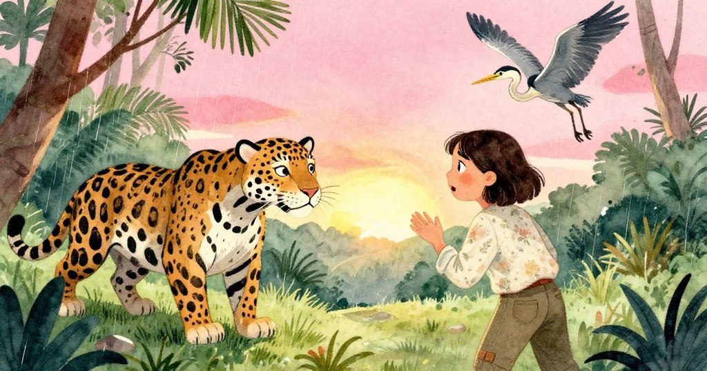 諾拉驚訝回頭，背景中真實美洲虎緩步出現，白鷺振翅破雲而出，瞬間定格緊張與壯麗。