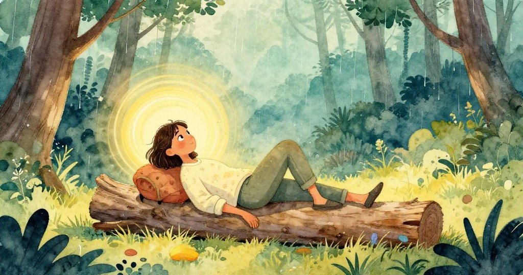 諾拉在落日餘暉中坐於倒木上休憩，旁邊攝影機靜默，轉盤散發溫柔光芒，展現平靜與反思。