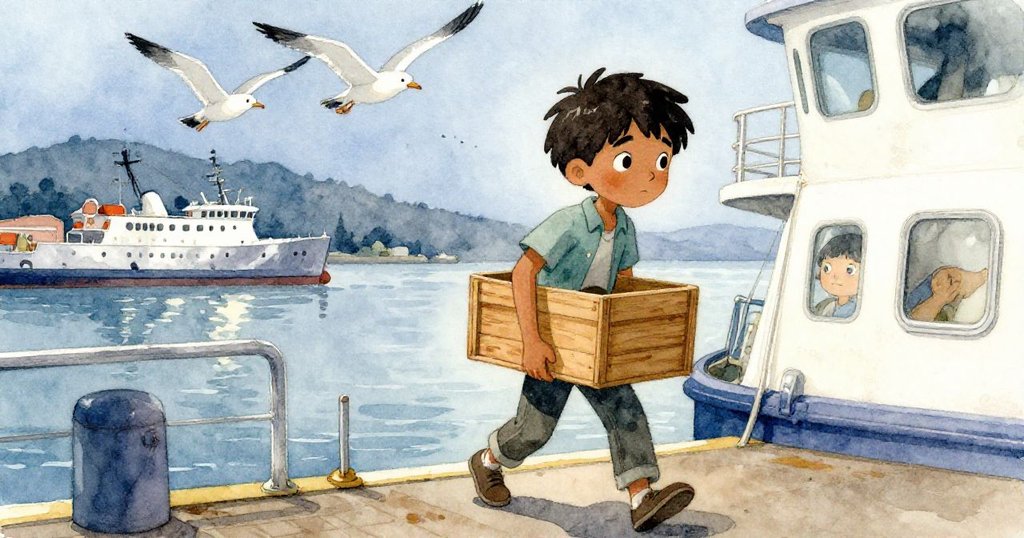 加布里埃爾在夕陽下從渡輪步下，懷抱木箱，背景是銀光閃爍的港口和飛翔的海鷗，神情專注迎向新旅程。