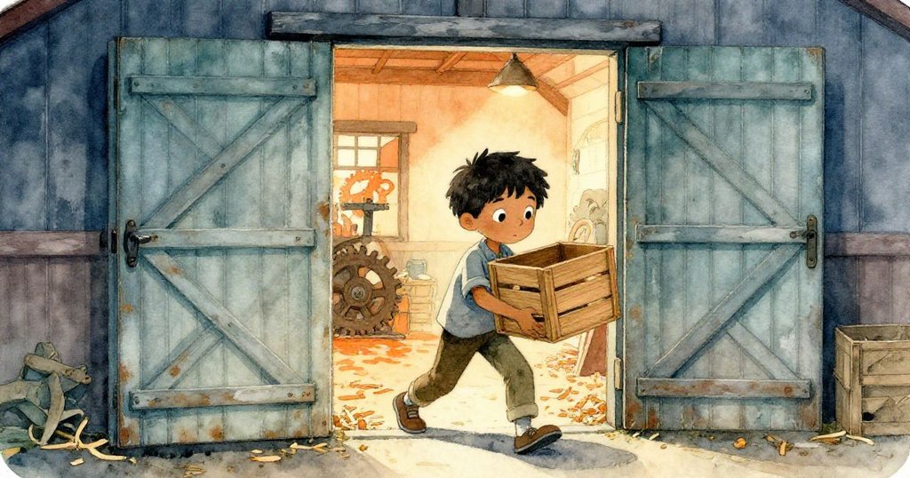 加布里埃爾推開鹽蝕斑駁的倉庫門，露出滿是檀香與木屑的溫暖內部，神情堅定且充滿期待。