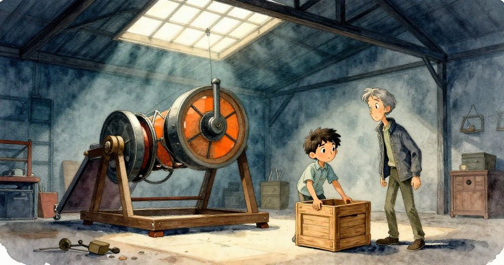 在寬敞的倉庫內，萊爾博士調整著高大的齒輪機，蓋布里埃爾輕放木箱，天窗透入柔和光線，氛圍神秘溫暖。