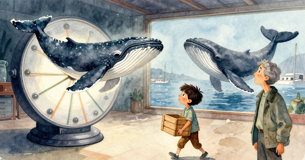 齒輪機器中繪製的鯨魚與窗外真鯨同時躍出，室內與自然奇妙交融，萊爾博士與加布里埃爾滿懷驚奇，情感激盪。