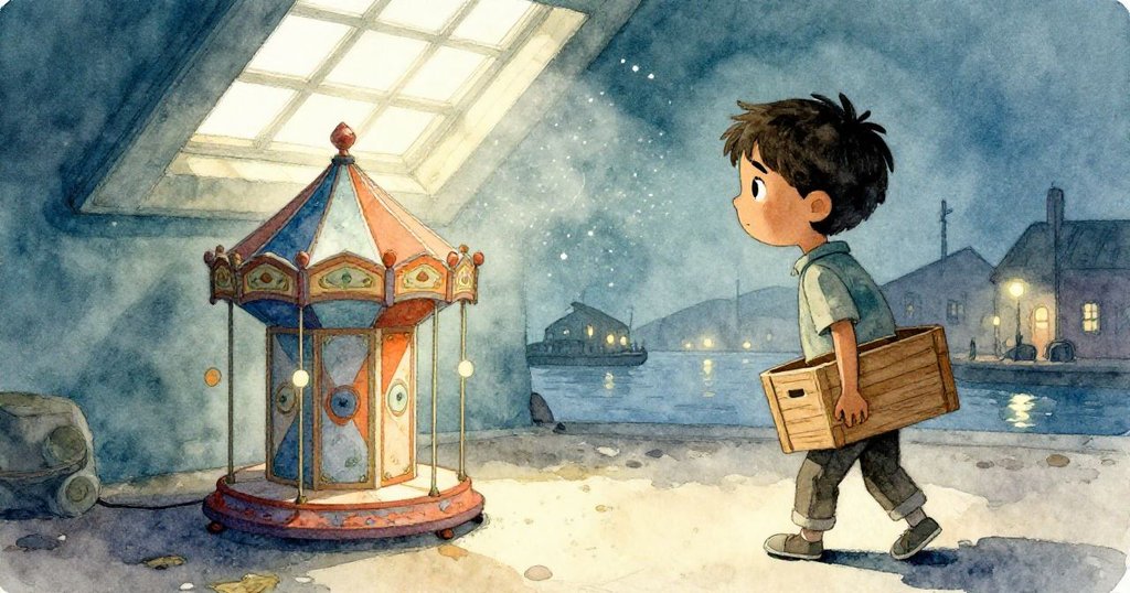 加布里埃爾靜立於緩緩停轉的齒輪旁，塵埃在天窗內跳舞，背景港口燈光柔和，神情沉思展望新開始。