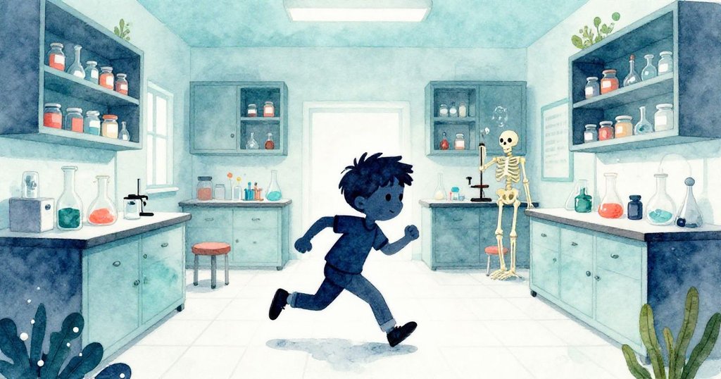 米洛急步穿越空曠科學室，背景有高櫥和塑膠骷髏，光線明亮，神情緊張，展現開篇冒險的緊迫感。