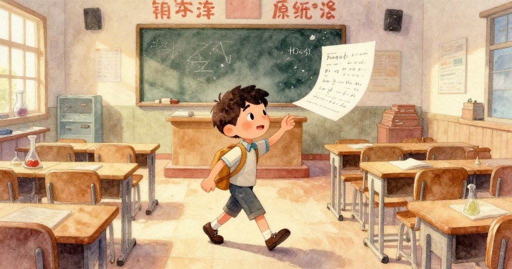 米洛近鏡頭特寫眼睛充滿驚訝與決心，背景模糊，表現出心中追尋消失頁面的強烈情感和奮鬥精神。