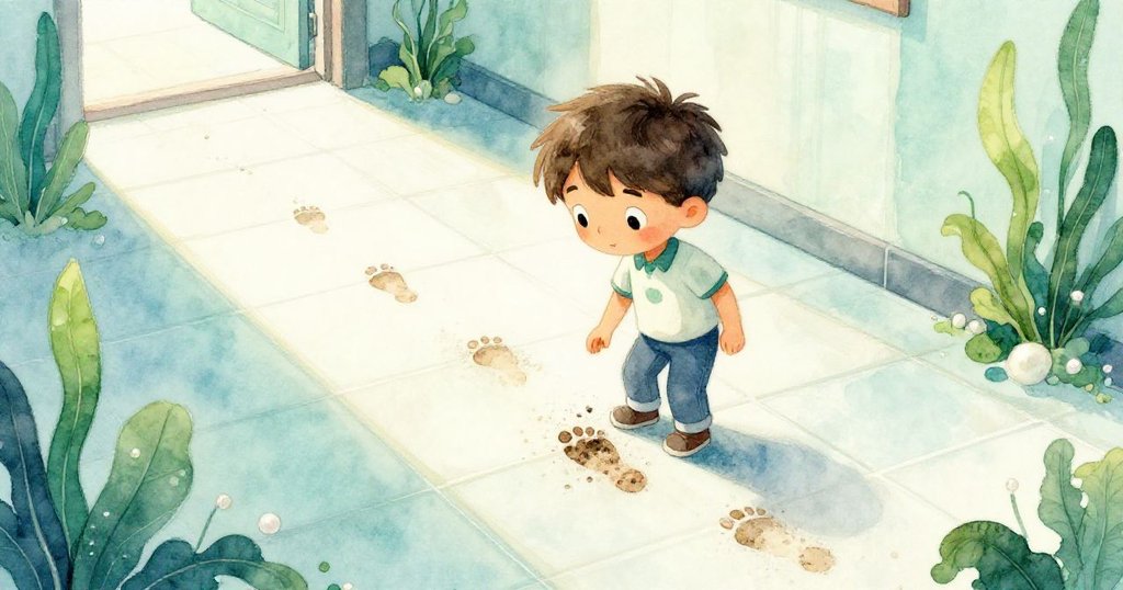 米洛在走廊內低頭查看瓷磚上塵跡腳印，高角度俯視呈現探索過程，動作仔細，氛圍充滿神秘感。