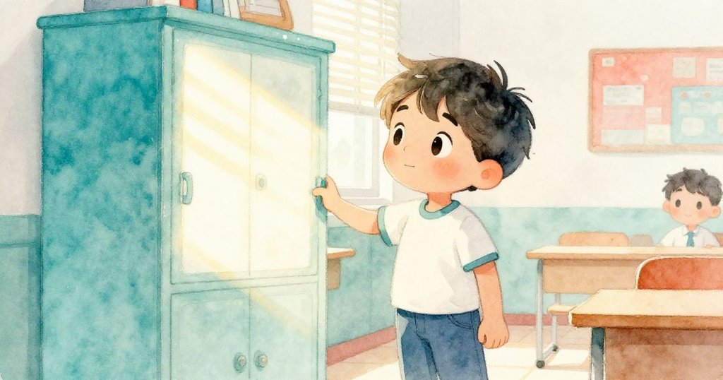 米洛在午後柔和陽光中於教室尋找失落頁面，高櫥半明半暗映出神秘而溫暖的光影效果，動作緊張而專注。