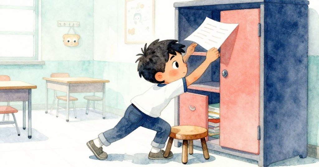 米洛搬動凳子靠近高櫥，準備攀爬尋找功課頁面，動作緊張專注，背景呈現教室角落情景，充滿決心與冒險氣氛。