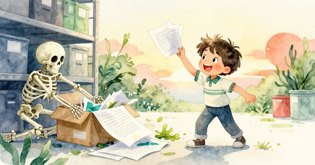 米洛在儲藏櫃內發現倒下的塑膠骷髏與散落紙張，夕陽金光下神情驚喜迅速撿起功課頁，畫面充滿解脫與冒險結局的溫暖感。