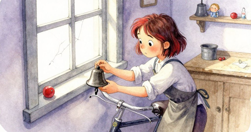 Nora 俯瞰車間牆面，小心伸手取下隱藏於破裂窗台下的舊自行車鈴，光影交錯中展現溫柔探索。