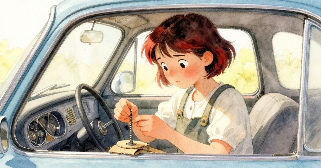 Nora 在老車內專心穿線固定，利用自製墊圈修補廣播支架，背景展現修復過程中的細節與溫暖光線。