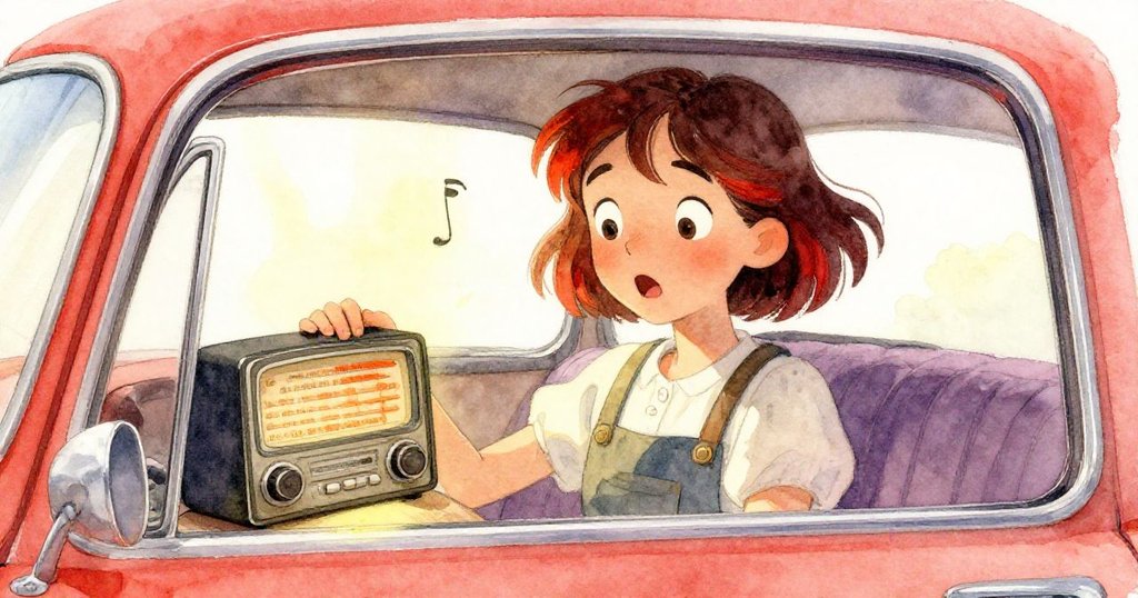 Nora 驚喜表情浮現在臉上，老式廣播亮起橙色字樣，修復車廂內充滿暖光與親情回憶。