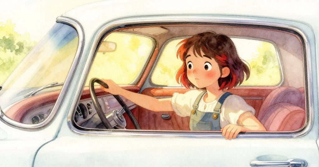 Nora 站在完成修復的老車內，柔和黃光映照亮澤儀表板與方向盤，滿臉自豪與平靜，展望未來。