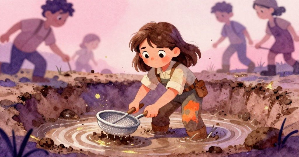 Lena焦急地用篩子撿拾混合物，背景模糊顯現急促接近的人影，她動作迅速，表情緊張，展現爭分奪秒的努力。