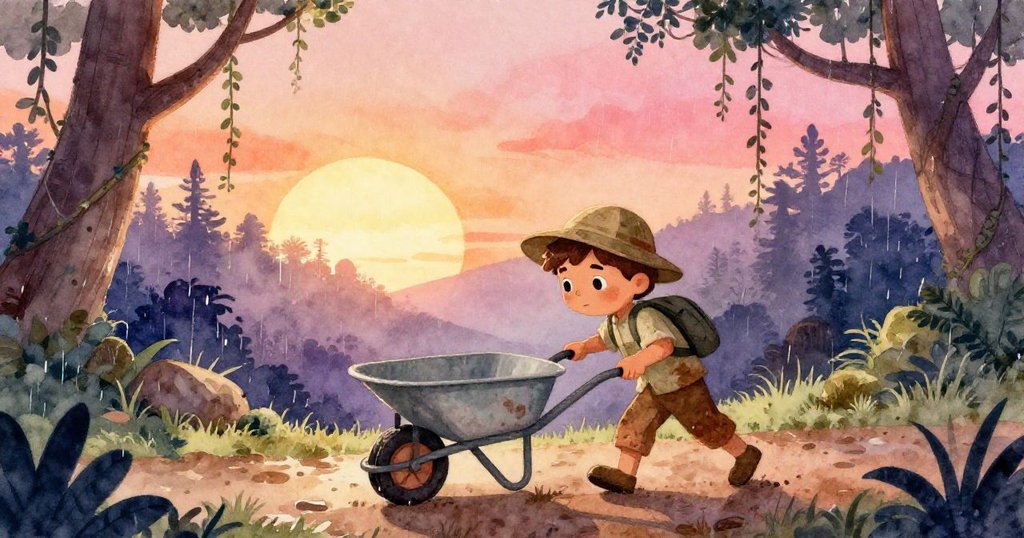 馬泰奧在晨霧籠罩的雨林中推著滿載新鮮泥土的手推車，神情專注，環境寧靜且充滿期待