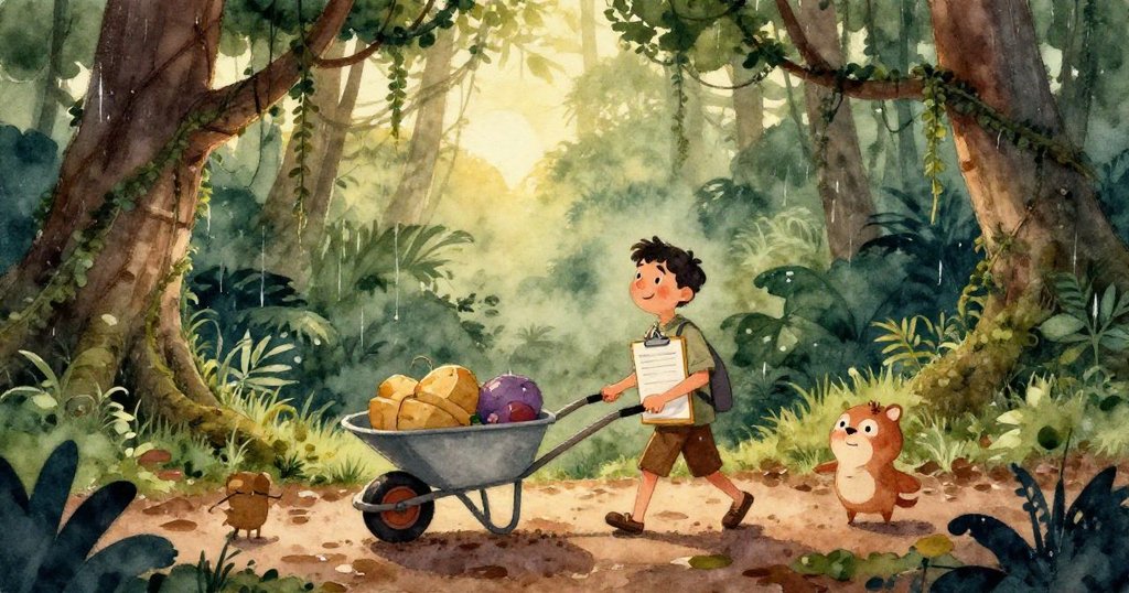 馬泰奧專注地檢視手中刻有螺旋紋的圓形石盤，雨滴點綴石面，展現出神秘而細膩的質感