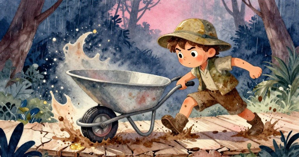 馬泰奧在破舊木板橋上奮力穩住傾斜的手推車，濕泥四散飛濺，神情既焦急又果斷