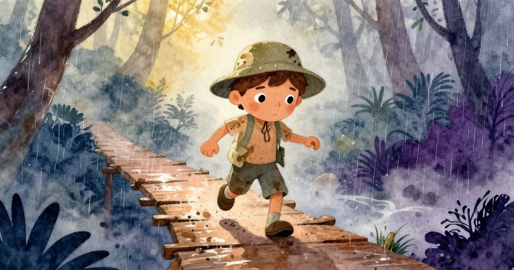 馬泰奧在暴雨中小心行走於裂痕累累的木板橋上，風雨交加，展現出堅毅與謹慎