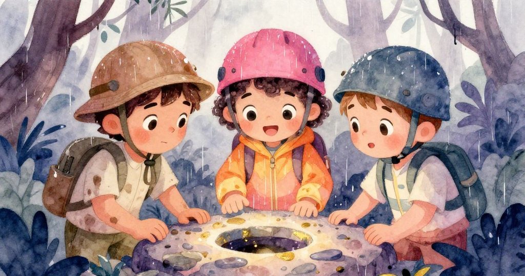 馬泰奧與兩位同事在雨中圍觀神秘石盤，神情驚喜且互助，背景中的雨林顯得生動而感人