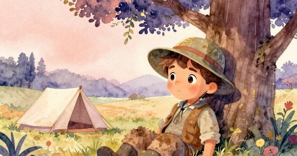 馬泰奧終於在雨林大樹下休息，臉上露出輕鬆微笑，雨中場景透露著平靜與安詳的氛圍