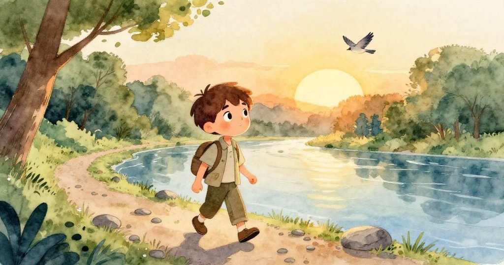 Leo在晨曦中沿著狹窄小徑前行，他腳下滾動著小石子，鳥兒在藍天飛翔，背景是綠樹環繞的平靜河流，神情充滿期待。