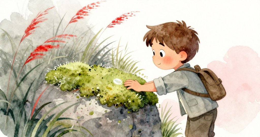 Leo停下來，輕觸柔軟涼爽的苔蘚，臉上露出思考的微笑，周遭風輕草動，自然景色溫暖宜人。