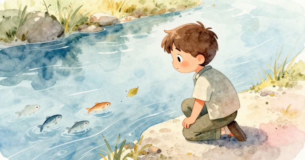 Leo跪在平靜河邊觀察迅速穿梭的小魚和漂浮的樹葉，背景明亮溫暖，展現一天冒險後的寧靜與告別之情。