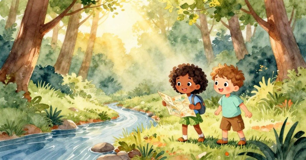 Maya 與 Leo 在陽光穿透樹梢的森林中開始尋寶,手持地圖與興奮的眼神展現冒險氛圍。