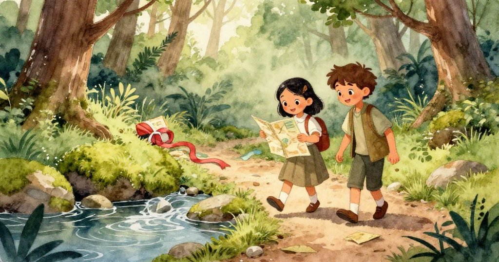 細緻刻畫青苔覆蓋的石頭和桶中溢出的水滴落在彩帶上,展現大自然細節與激動的起點。