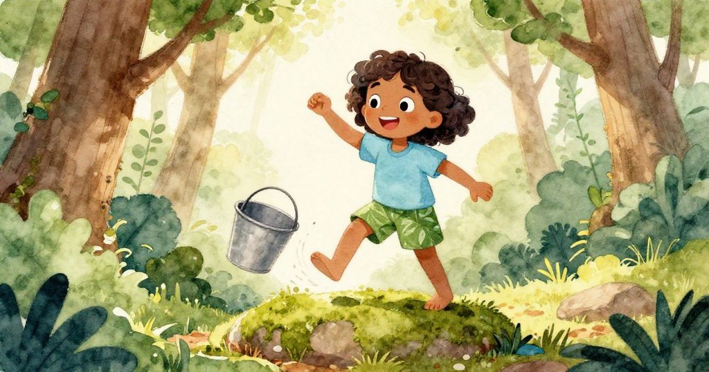 從低角度看見Maya 踏在青苔石頭上,她面帶驚訝且堅定,桶隨之搖動展現故事發展。