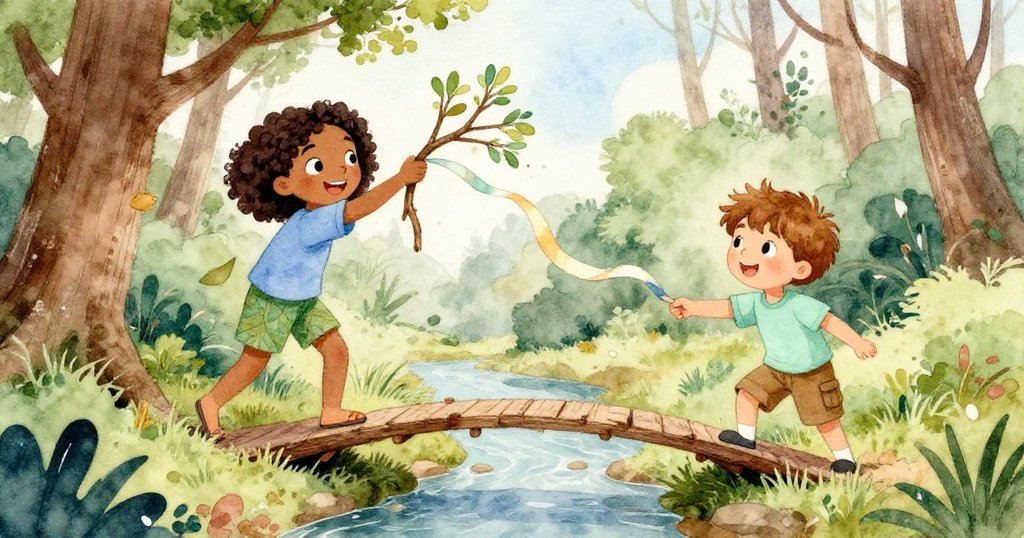 從高空視角看見Maya 從倒下的樹幹下拉出一根樹枝,遞給Leo,他用樹枝搭橋阻止彩帶漂流,充滿友誼。