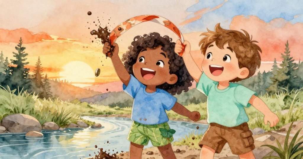 Maya 與 Leo 在泥濘中歡笑,提起乾燥彩帶並發現閃亮硬幣,充滿驚喜與慶祝的氛圍。