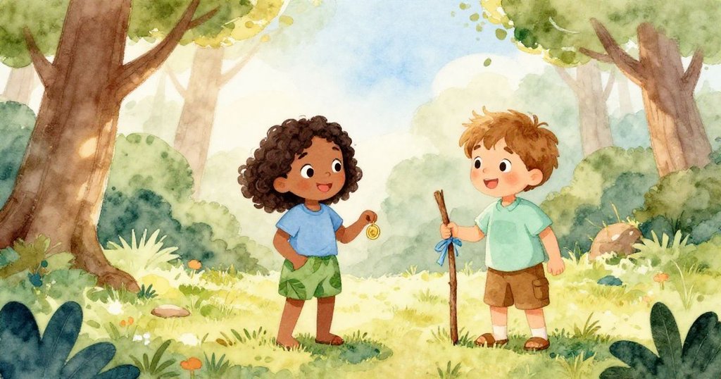 Maya 微笑著將硬幣收入懷中,Leo 輕系彩帶於木棍上,平和森林場景中展現未來的希望與安寧。