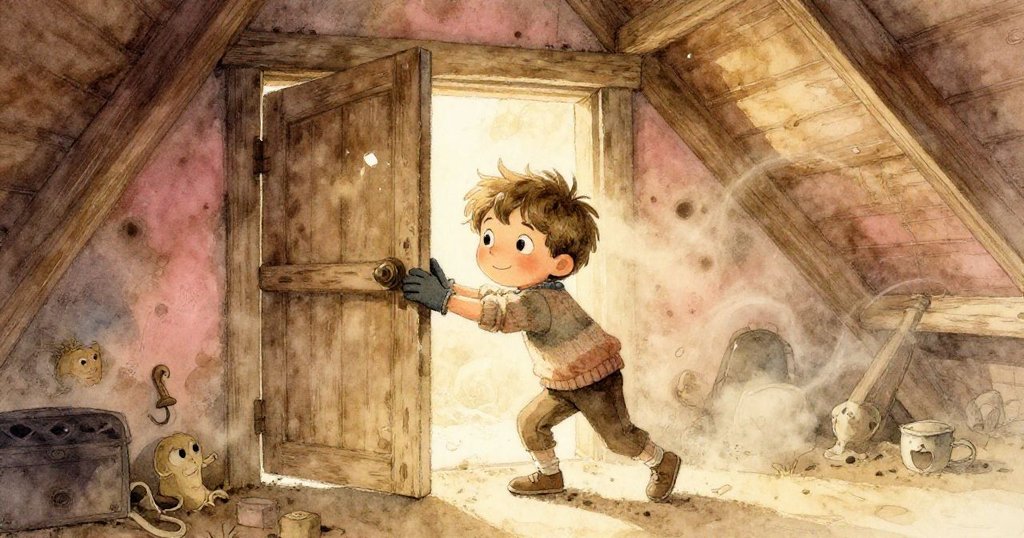 Milo輕推老舊木門進入塵封閣樓，暮光中灰塵旋舞，眼神流露好奇與一絲緊張。