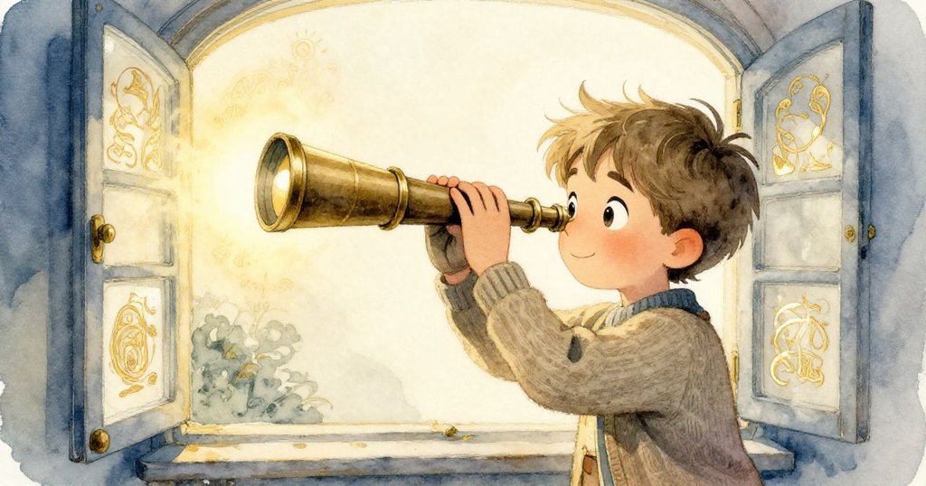 Milo靠近敞開窗戶細調望遠鏡，窗外柔光映入室內，神秘刻字激起他無限好奇心。