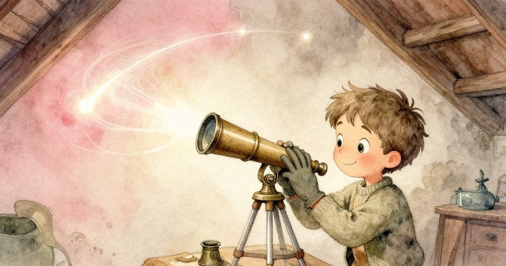 Milo仔細上油修護望遠鏡，牆面映出彗星尾巴熠熠生輝的漩渦光影，氛圍充滿神秘魔幻感。