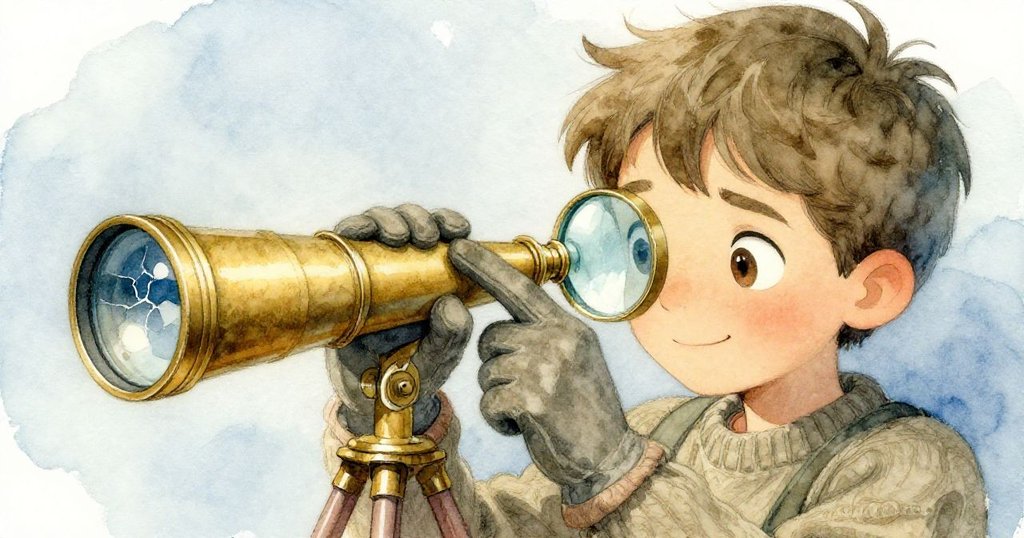 Milo專注更換望遠鏡受損鏡片，手持舊放大鏡，堅毅神情昭示著內心掙扎與不懈努力。