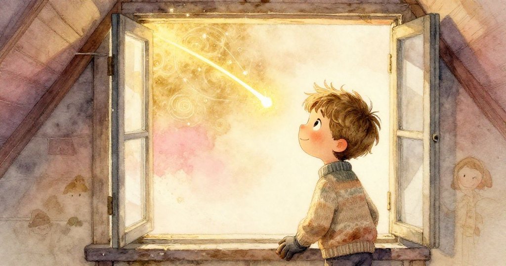 Milo站在閣樓敞窗前，喜悅注視著彗星耀眼軌跡與牆上流動光影，夕陽餘暉中締造溫暖完滿結局。