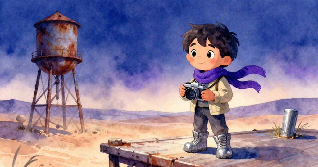 Nico站在沙漠月台上，輕調相機，背景有古老水塔與散淡迷霧，展現冒險初始與柔和晨光。