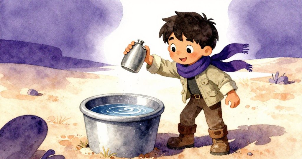 Nico靠近滴水的水槽邊，舉起燒瓶接水，背景留白強調空曠平台與明亮日光，充滿寧靜感。