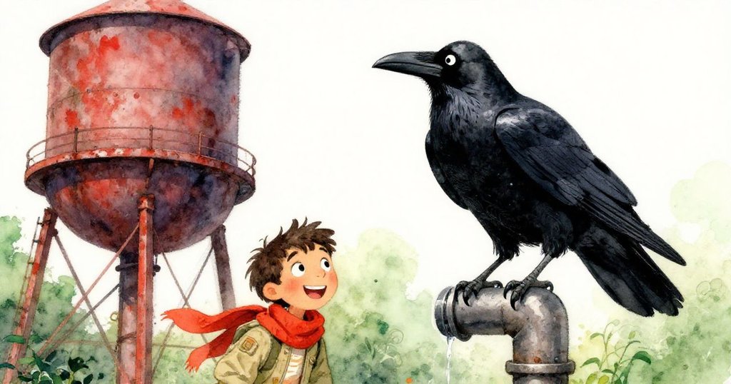 從低角度視角下，渡鴉穩穩落在滴水管上，古舊水塔和破舊平台襯托出尼可驚訝又期待的神情。