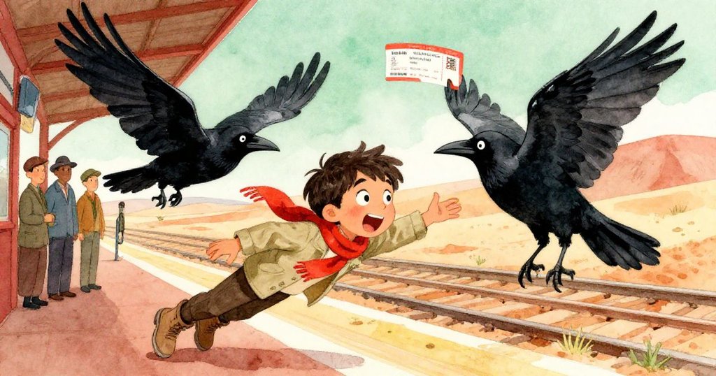 尼可驚訝地伸手追逐，渡鴉突然叼起火車票在空中飄揚，背景展示繁忙平臺與明亮日光，充滿冒險驚奇。